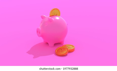 Pink piggy bank with golden dollar coins. Personal savings abstract financial symbolics. 3D illustration.