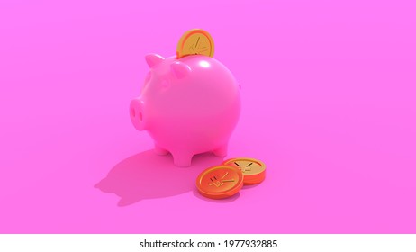 Pink piggy bank with golden Japanese yen coins. Personal savings abstract financial symbolics. 3D illustration.