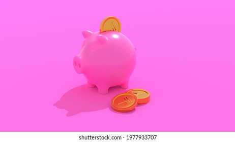 Pink piggy bank with golden kazakh tenge coins. Personal savings abstract financial symbolics. 3D illustration.