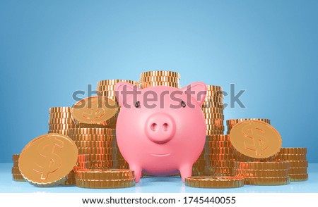 Pink piggy bank and many Golden coins tower on blue pastels background.3d model and illustration.