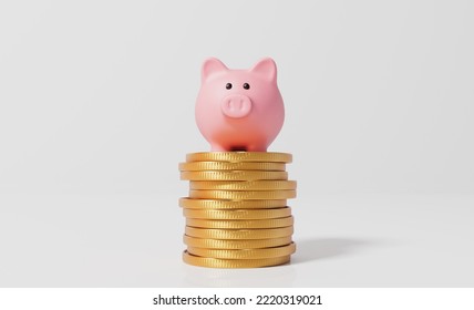 Pink piggy bank money box with a stack of gold coins. 3D Rendering. 3D Illustration - Powered by Shutterstock