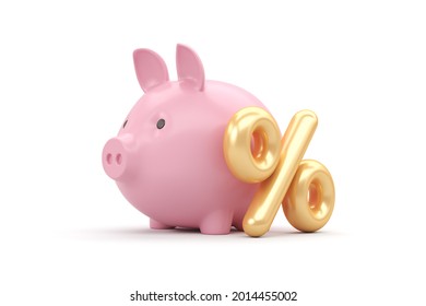 Pink Piggy Bank Pig With Gold Percentage Isolated On White Background. 3d Render Illustration.