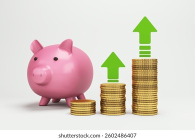 Pink piggy bank with stacked golden coins and green arrows pointing up, symbolizing financial growth and savings increase on a light background. 3D Rendering
