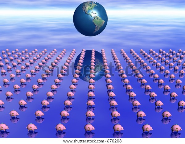 Pink\
piggy banks for saving money, 3D render, illustration to illustrate\
money savings. Money makes the world go\
around.