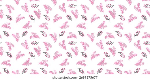 Pink pine branch and pink berry pattern background. Seamless botanical Christmas pattern with winter foliage and berries for festive decoration and wrapping design.
