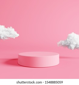 Pink Podium With Cloud On Pastel Pink Background. 3d Rendering