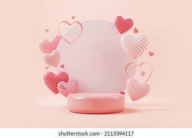 Pink podium display background for product. Symbols of love for Happy Women's, Mother's, Valentine's Day, birthday. 3d render.