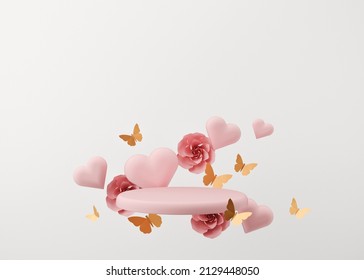 Pink podium with flying hearts, flowers and butterflies. Womens Day, Mothers Day, Wedding, Anniversary. Platform for product, cosmetic presentation. Mock up. Pedestal for beauty products. 3D rendering