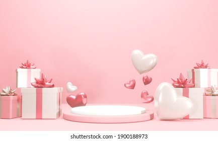 pink podium with gift box balloon heart floating pink background love valentine concept 3d rendering