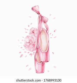 Pink pointe shoes and bow and flower; watercolor hand draw illustration; can be used for cards or posters; with white isolated background