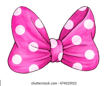 Pink Polka Dot Gift Bow. Watercolor Illustration