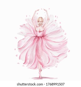 Pink pretty ballerina; watercolor hand draw illustration; can be used for cards or posters; with white isolated background