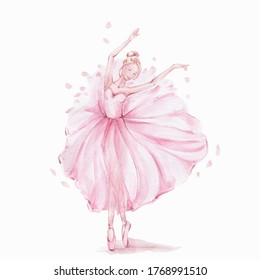 Pink pretty ballerina; watercolor hand draw illustration; can be used for cards posters; and white isolated background