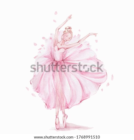 Pink pretty ballerina; watercolor hand draw illustration; can be used for cards or posters; with white isolated background