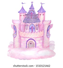 Pink princess magic castle. Hand drawn watercolor pink and violet fairytale castle on the cloud. Isolated on white. Kids illustration.