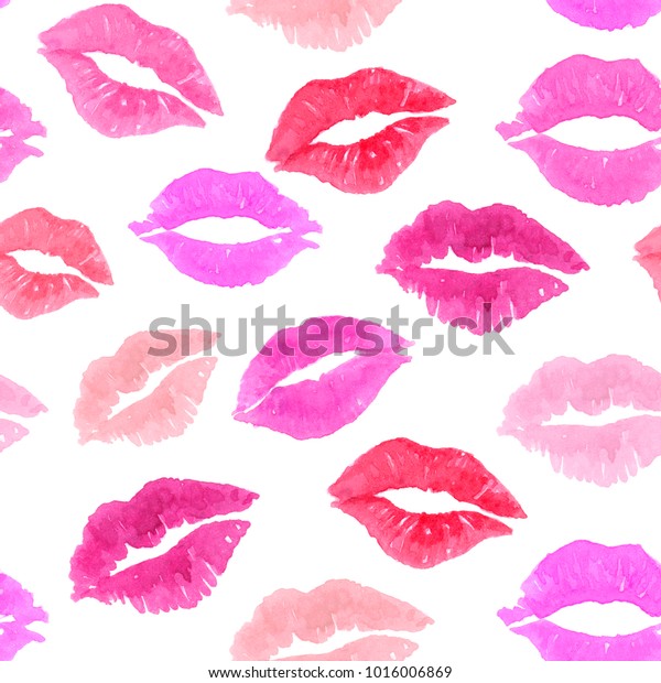 ピンクのプリントキスリップ マークのリップスティックパターンのシームレスなイラスト 水の色の背景 バレンタインデー アートのリップ リピートメイクの美しい壁紙 のイラスト素材 1016006869