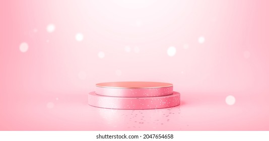 Pink Product Stage Podium Background And Beauty Bokeh Light Pedestal Platform Template Mockup Design Or Luxury Pastel Display On Empty Abstract Cosmetic Scene Stand Showcase Backdrop. 3D Rendering.