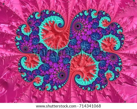 Pink psychedelic purple Fractal with elements of turquoise color. Colors go with a gradient for each other. The repetition of form lies at the Foundation of the world of Fractals. Natural patterns