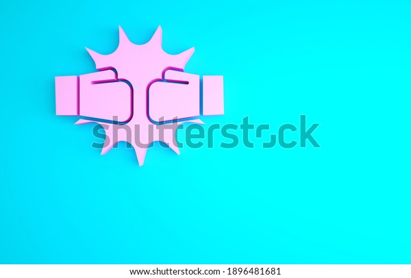 Pink Punch in boxing gloves icon\
isolated on blue background. Boxing gloves hitting together with\
explosive. Minimalism concept. 3d illustration 3D\
render.