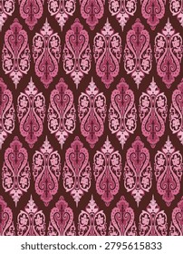 Pink and purple damask seamless pattern background. Vintage paisley ornament textle design.