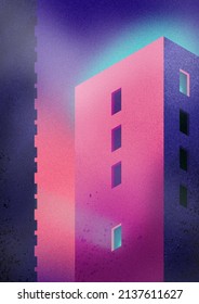 A pink and purple retro future illustration  with geometric texture urban building with dark and bright windows