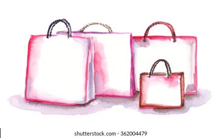 Pink and purple shopping bags painted in watercolor on white isolated background