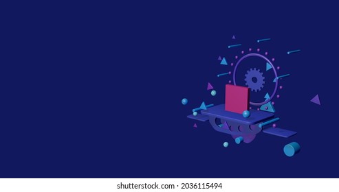 Pink Rectangle On A Pedestal Of Abstract Geometric Shapes Floating In The Air. Abstract Concept Art With Flying Shapes On The Right. 3d Illustration On Indigo Background