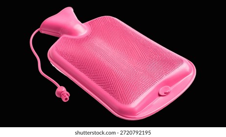 Pink Rectangular Rubber Hot Water Bottle Icon with Stopper and Tether on Black Background for Medical and Healthcare Use