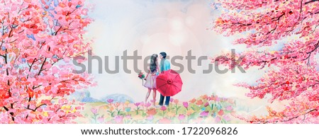 Pink red color of Wild himalayan cherry in the morning with Men and women in garden beautiful background. Hand painted beauty nature spring season. Painting watercolor landscape or wallpaper, postcard