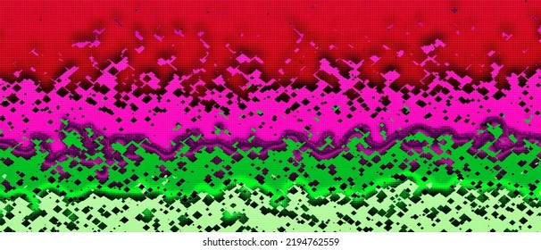 Pink Red Green Geometric Cube Mosaic Pattern With Curved Lines. Funky Exotic Shapes, Wavy Vivid Party Design. Urban Gradient Wall 3 Shapes Pattern For Boy, Girl, Wrapping Paper. Retro 80-90's Fashion
