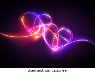 Pink Red Neon Light Drawing, Hearts Linked Together. Abstract Doodles Isolated On Black Background. Glowing Single Line Art. Modern Minimal Concept. Festive Illustration For Valentine Day. Copy Space