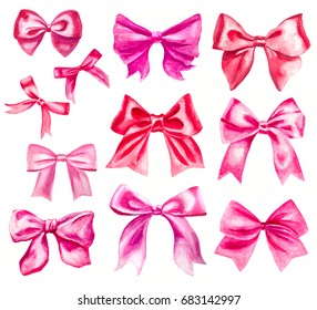 Pink And Red Watercolor Ribbon Bows On White Set