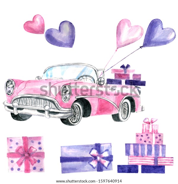 Pink retro car with balloons, hearts and\
gifts in\
watercolor.