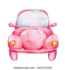 Pink retro car; watercolor hand draw illustration; with white isolated background