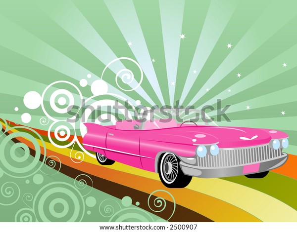 Pink retro\
convertible on a rainbow\
road