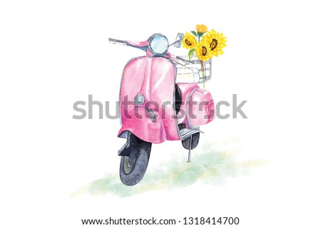 The pink retro scooter has a sunflower bouquet tied at the end of the car.The vintage motorcycle has a yellow flower bouquet in the basket.Watercolor painting by hand on paper.