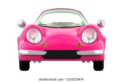 Pink retro sport car in cartoon 3d style, front view, isolated on a white background. 3d illustration