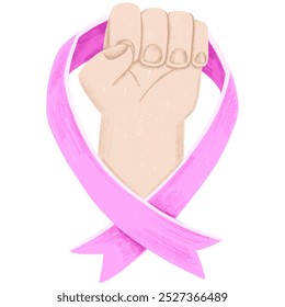 Pink ribbon and fist. Breast Cancer Awareness Month. Hand drawn Illustration Women health care support . Female  fight   - Powered by Shutterstock