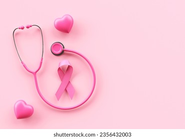 Pink ribbon, hearts and stethoscope on a pink background for the Breast Cancer Awareness Month and World Cancer Day banner design with copy space - Powered by Shutterstock