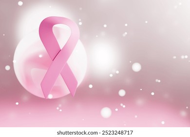 A pink ribbon symbolizes breast cancer awareness in a soft, pastel background with gentle snowflakes. 3d rendering - Powered by Shutterstock