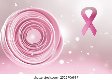 Pink ribbon symbolizing breast cancer awareness with a soft pink background and swirling patterns. 3d rendering - Powered by Shutterstock