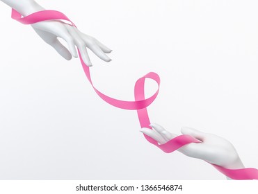 Pink ribbon and white hands isolated on white background, breast cancer awareness symbol, hold out helping hand gesture, 3d rendering - Powered by Shutterstock