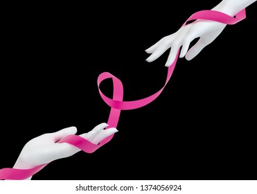 Pink ribbon and white hands isolated on black mask background, breast cancer awareness symbol, hold out helping hand gesture, 3d rendering - Powered by Shutterstock