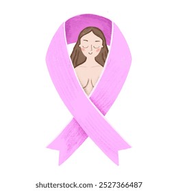 Pink ribbon and woman. Breast Cancer Awareness Month. Hand drawn Illustration Women health care support . Female  fight    - Powered by Shutterstock