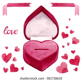 Pink ring box heart shaped watercolor illustration with hearts, love lettering and ribbons for engagement Valentine's day card - Powered by Shutterstock