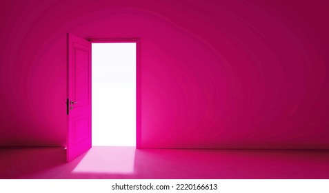 Pink Room With The Door Open For A Sky. Door To Heaven. 3D Rendering.