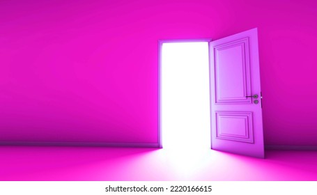 Pink Room With The Door Open For A Sky. Door To Heaven. 3D Rendering.