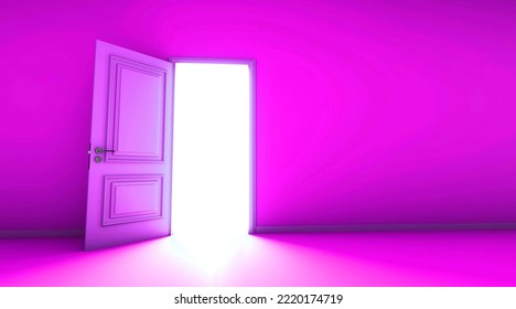 Pink Room With The Door Open For A Sky. Door To Heaven. 3D Rendering.