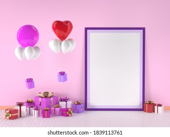 Pink Room Mock up canvas poster print with balloon, birthday gift and celebration present box. Empty space for advertising, promotion, social media banners. Pink Valentines room. 3d illustration - Shutterstock ID 1839113761