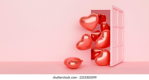 Pink room with open door and red heart shaped balloons entering. concept of valentines arrival, gifts, love, marriage and romantic. 3d rendering illustration. - Powered by Shutterstock